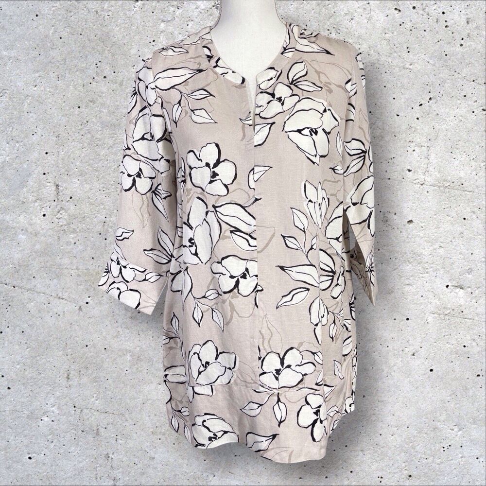 J Jill Linen Blend Tunic Top Womens XS Beige Floral 3/4 Sleeve Popover Boho